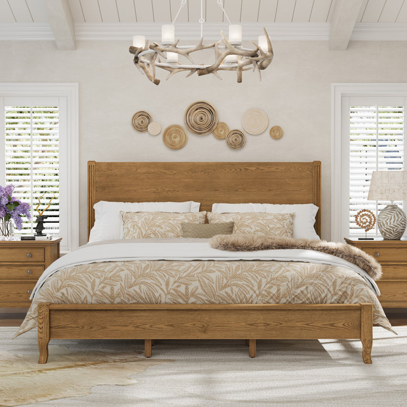 Durable Solid Red Oak Platform Bed with Rolling Grain Pattern Headboard, Design For Bedrooms, Guest Rooms & Homestays, King