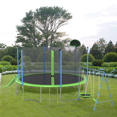 Trampoline With Slide And Swings, Astm Approved Large Recreational Trampoline With Basketball Hoop And Ladder,Outdoor Backyard Trampoline With Net, Capacity For Kids And Adults,14Ft