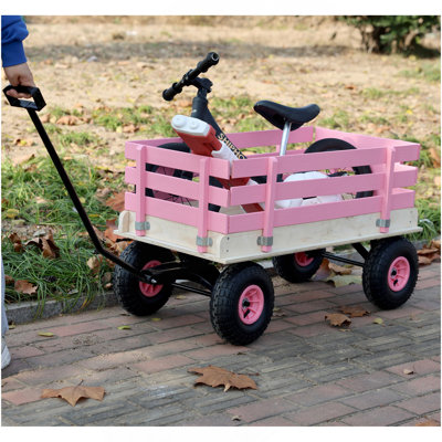 Chariot à tirer rose en bois pour enfants avec roues tout terrain, chariot de jardin d'extérieur robuste pour tout-petits, chariot à jouets portable pour la plage, le camping et la cour arrière