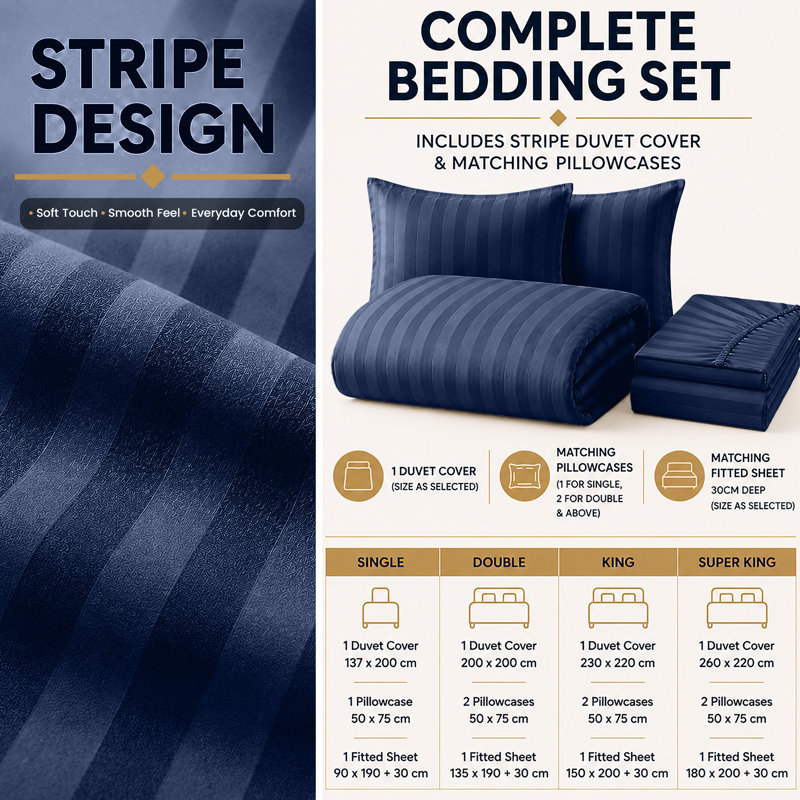 Striped Microfiber Complete Bedding Set | Duvet Cover, Deep Fitted Sheet & Matching Pillowcases, Navy Striped