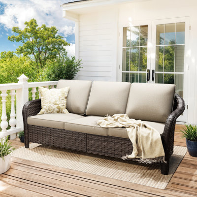 3-Person Polyethylene Wicker Outdoor Patio Sofa with Beige Cushions
