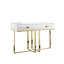 Table console traîneau de 47 pouces en bois blanc et acier inoxydable doré avec deux tiroirs