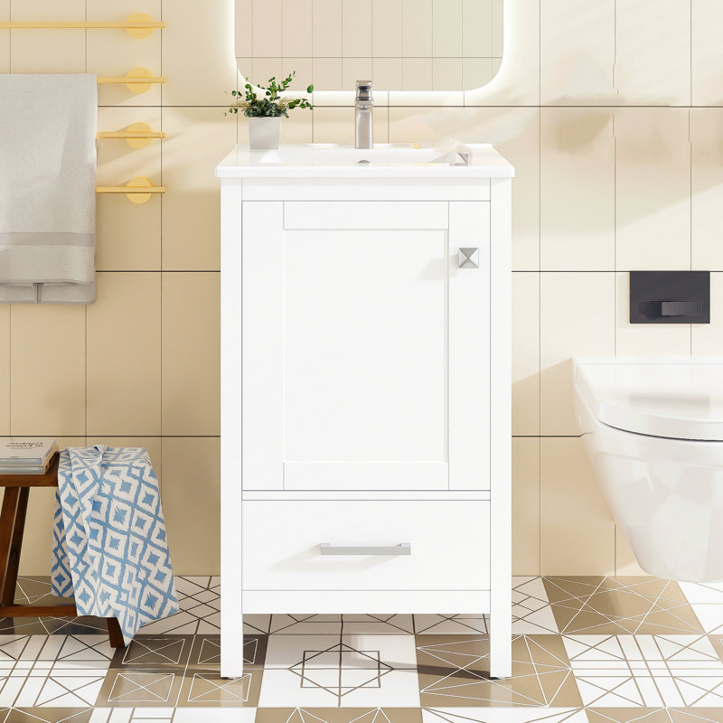Meuble-lavabo moderne de 20 pouces avec lavabo en céramique, tiroirs et portes à fermeture douce et support de rangement intérieur à deux niveaux, blanc