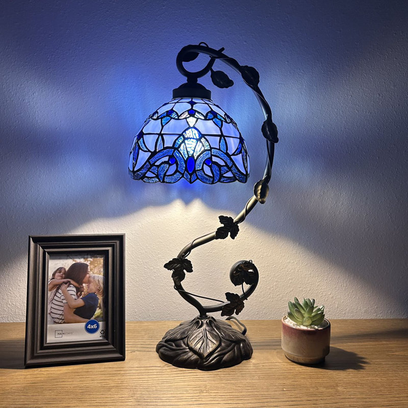 Glison Tiffany Style Table Lamp Blue Stained Glass Baroque Style Lavender Iron Metal Leaves 11"W*8"D*21"H