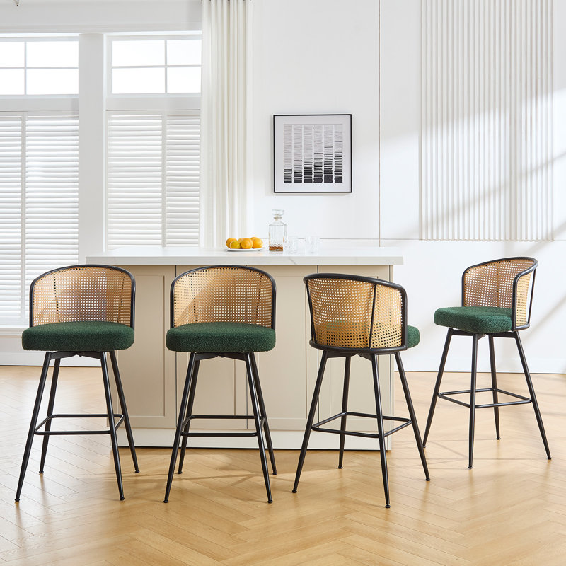 Cane Back Swivel Upholstered Stool, Green Boucle, Counter Stool (26” Seat Height), 4