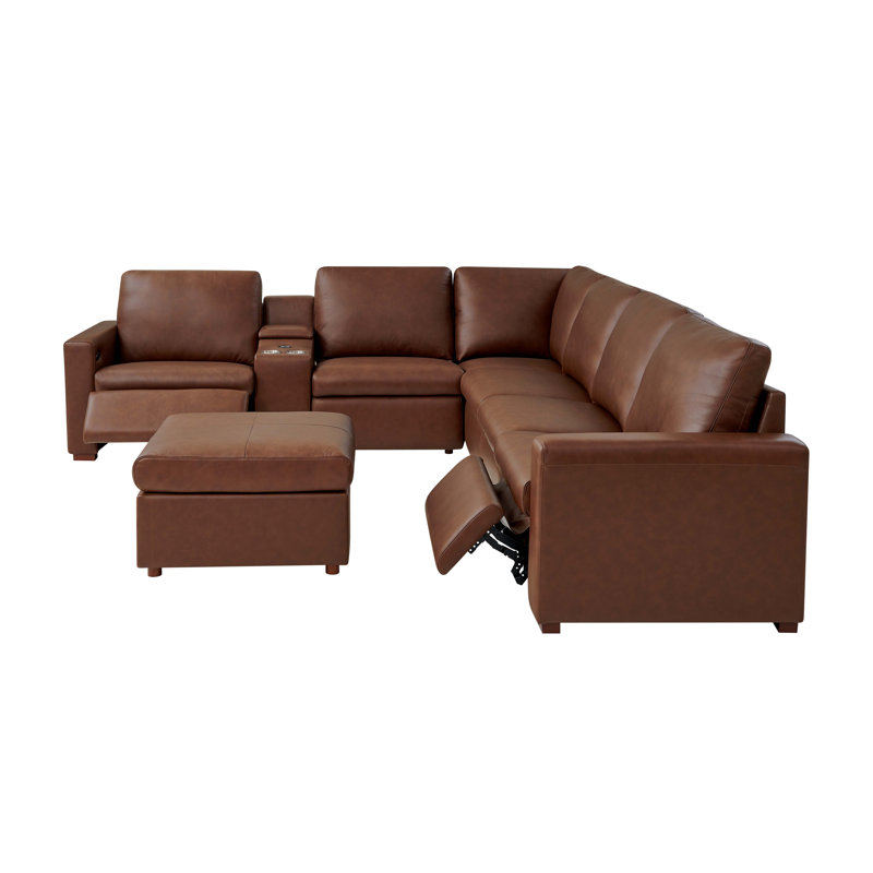 132" W Hudson Recliner Leather-Matched Sectional, Brown Faux Leather