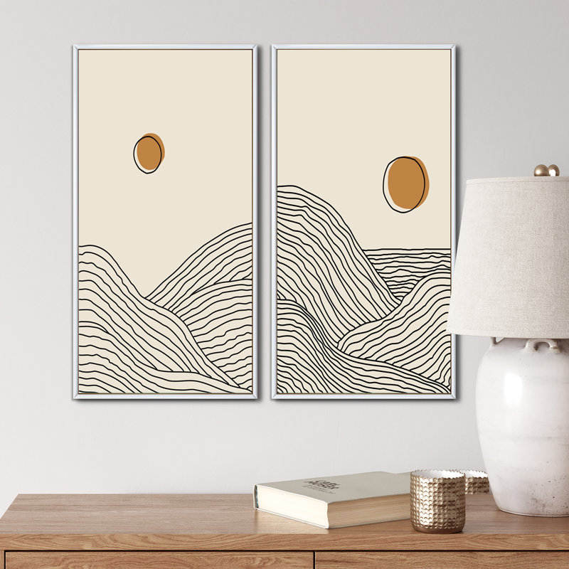 Minimalist Moon Landscape I - ensemble de 2 peintures, H 32 po x l 32 po x P 1 po, Cadre blanc