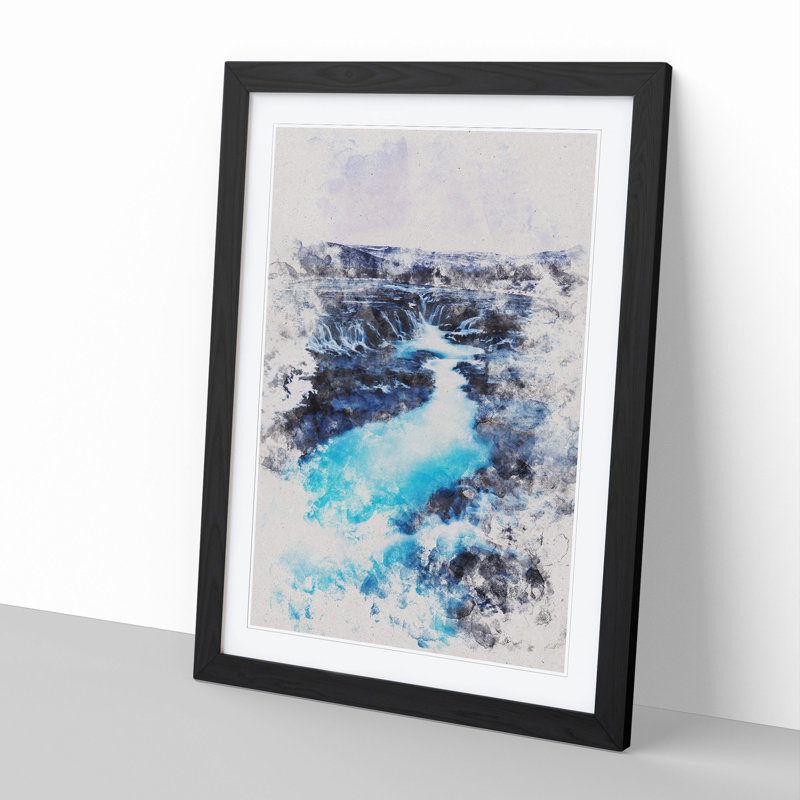 Winter Waterfall in Iceland Watercolour - Picture Frame Graphic Art, Black, 90cm H x 65cm W x 2cm D