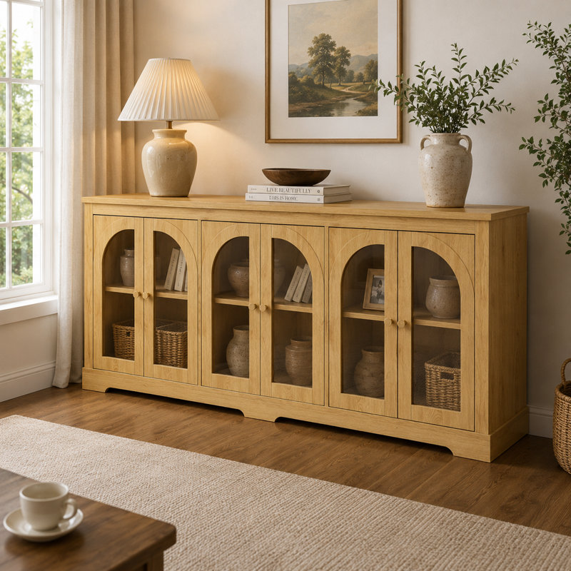 Buffet de 173 cm avec 6 portes vitrées cintrées, grand meuble de rangement avec 3 étagères réglables et un espace de présentation, chêne naturel