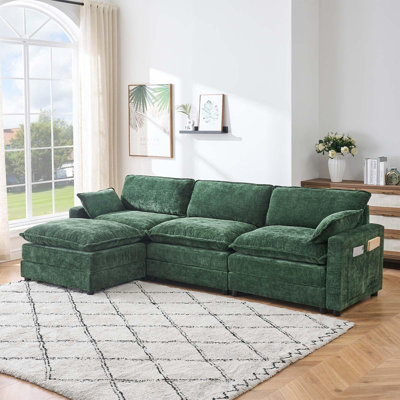 Canapé modulaire en L de 113 po avec repose-pieds Chenille, 3 sièges, 2 coussins et poches latérales - vert