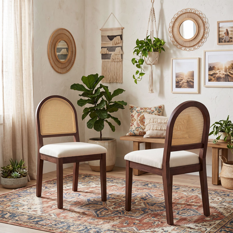 Chaise d'appoint de style campagnard avec dossier en rotin tressé naturel et pieds en bois massif, Noyer