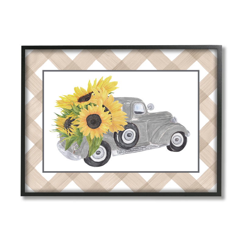 Camion de campagne rétro transportant des tournesols Plaid-ao-672, H 16 po x l 20 po x P 1,5 po, Giclée encadrée noir minuit