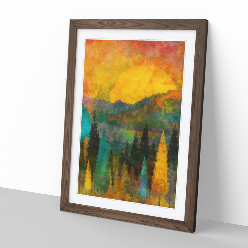 Sun Setting Behind an Autumn Forest - Picture Frame Painting, Walnut Framed, 65cm H x 48cm W x 2cm D