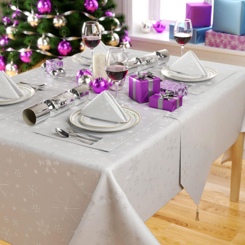 Christmas Tablecloth Blizzard Snowflake Embossed Design - 90in, 228cm L x 132cm W, White