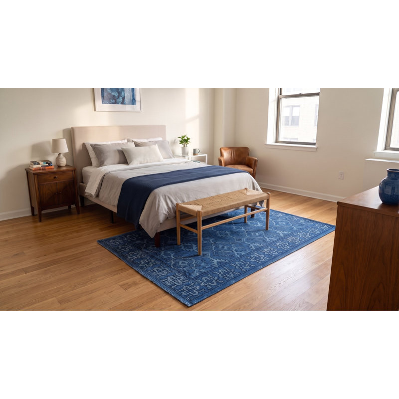 Tapis bleu traditionnel en laine noué à la main 4 pi x 6 pi avec motif médaillon traditionnel azur