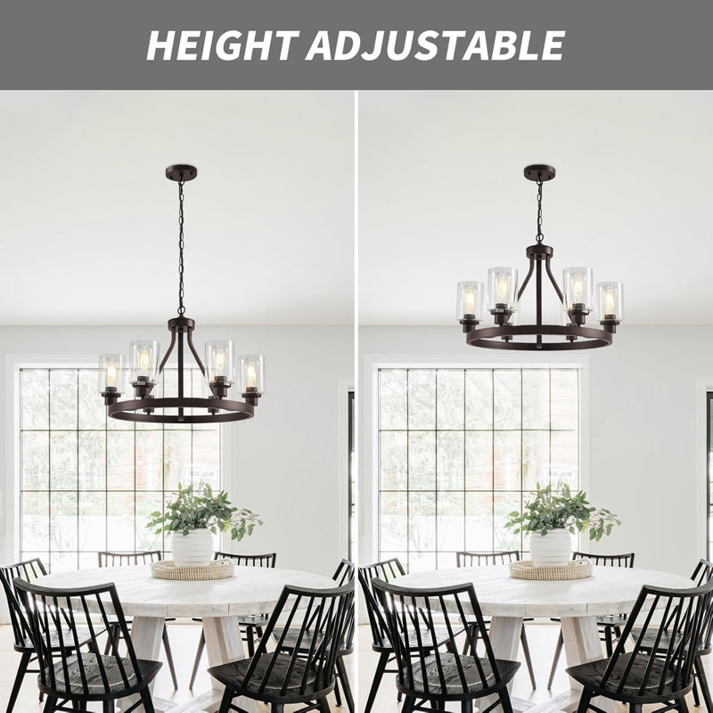 Lustre de style maison de campagne avec hauteur réglable, plafonnier rond à 6 lumières, finition bronze huilé, globes en verre, base E26, convient à la salle à manger, à la cuisine et plus encore