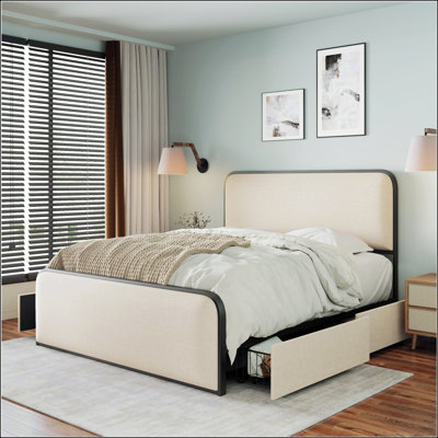 Structure de lit moderne en métal avec tête de lit et pied de lit rembourrés courbés avec 4 tiroirs de rangement