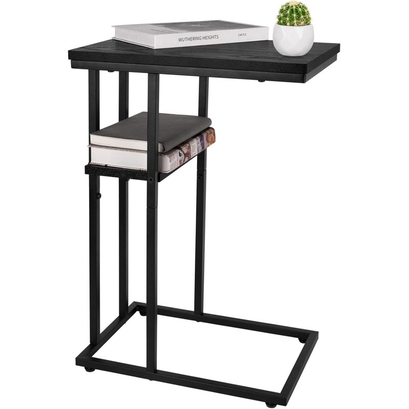 Black Metal and Wood C-Shaped End Table