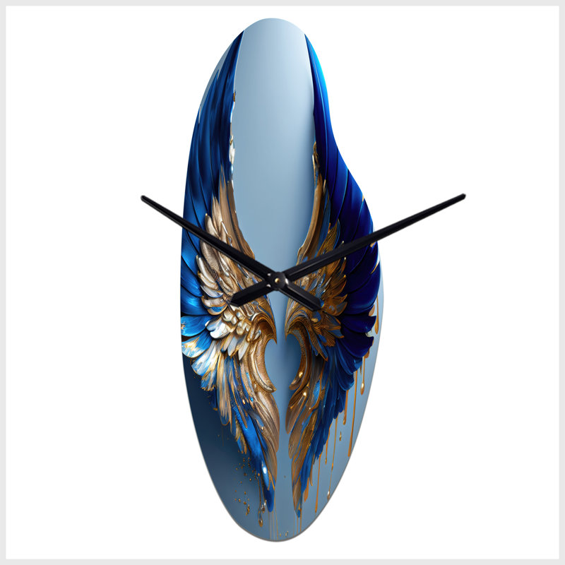Horloge murale incurvée en métal bleu et doré avec ailes V - Wings Angel, Médium