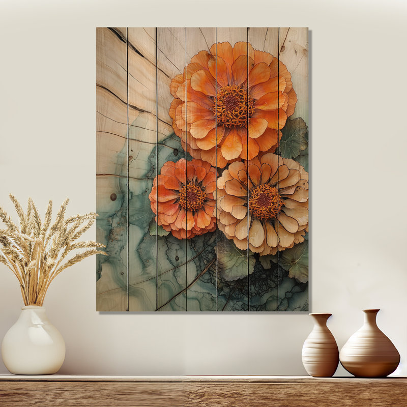 Zinnias Garden On Wood Slide I - Zinnias Wood Wall Art - On Natural Pine Wood, 20" H x 10" W x 0.78" D