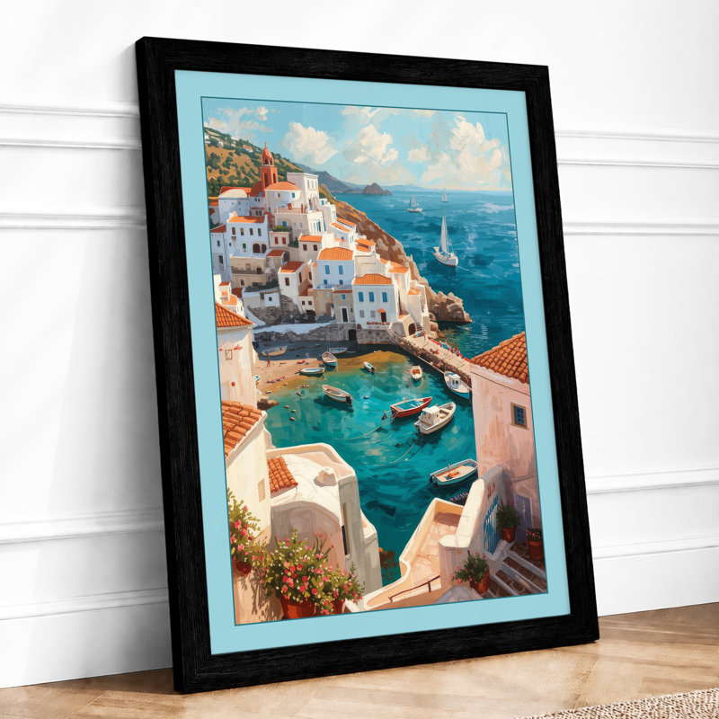 Mediterranean Clifftop Village Coastal - Framed Print, A2 - 59.4 x 42.0 cm, Black