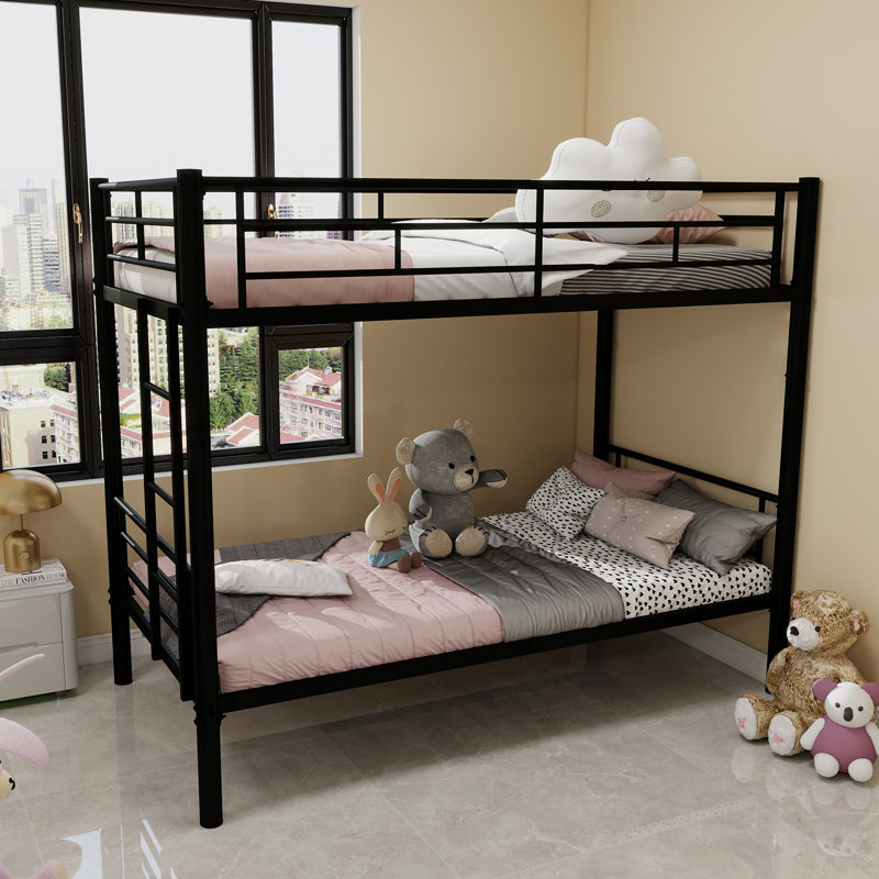 Twin Over Twin Bunk Bed for Kids, Metal Frame with Ladder & Guardrail, Convertible 2 Beds, No Box Spring, Black