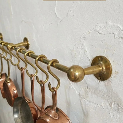 Unlacquered Brass Kitchen Rail Wall Mounted Pot Rack with Hooks – 48"
