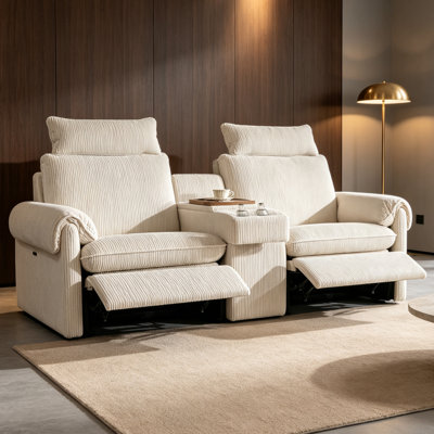 Causeuse inclinable 2 places avec console, canapé en velours côtelé avec charge USB, porte-gobelets et plateau de rangement, blanc