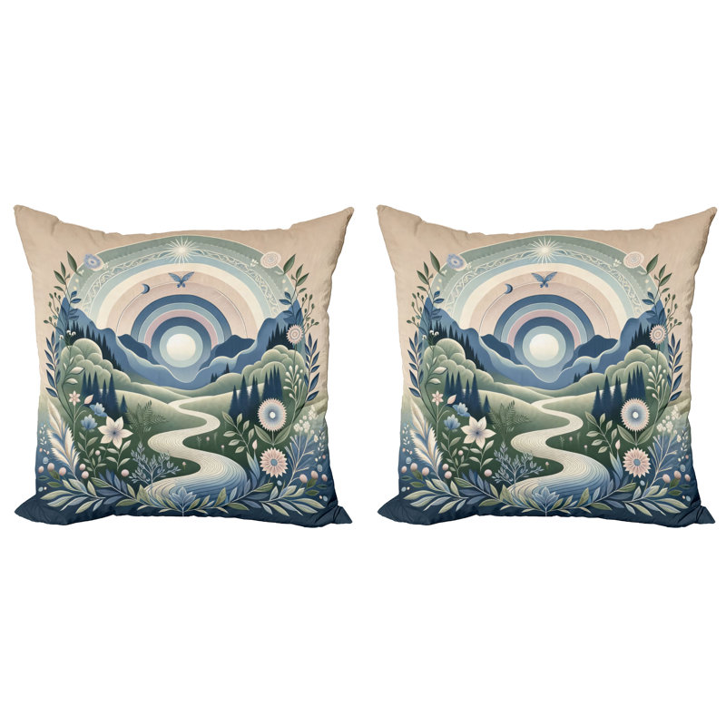 430004_Ambesonne Boho Nature Throw Pillow Cover 2Pack Mountains Flowers Path, 24"H x 24"W