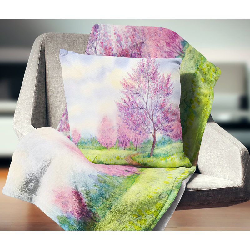 Paysage de printemps mauve - coussin à imprimé paysage, Coussin décoratif, 16 po x 1 po