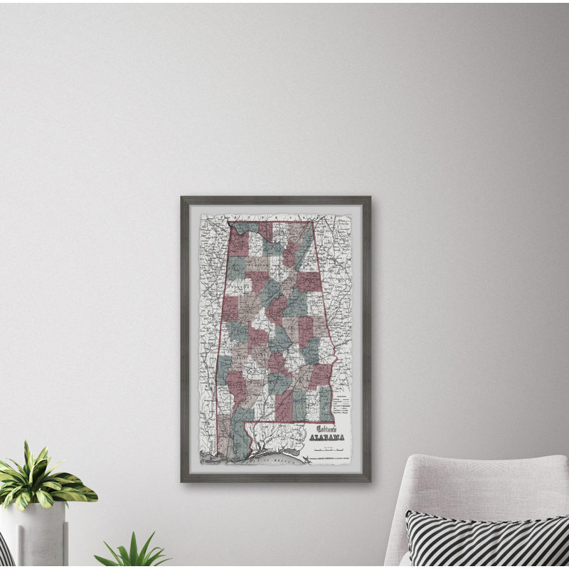 Carte de l'Alabama - Reproduction d'art graphique sur papier encadré, H 30 po x l 20 po x P 1,5 po
