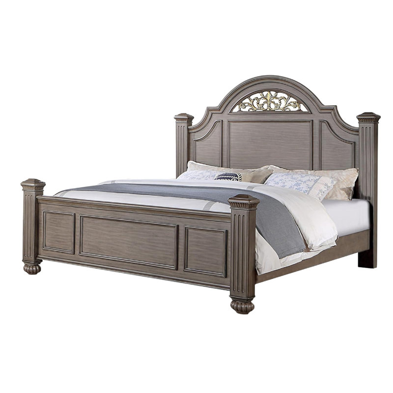 Recus King Bed, Carved Floral Details, Arched Headboard, Gray Wood, King