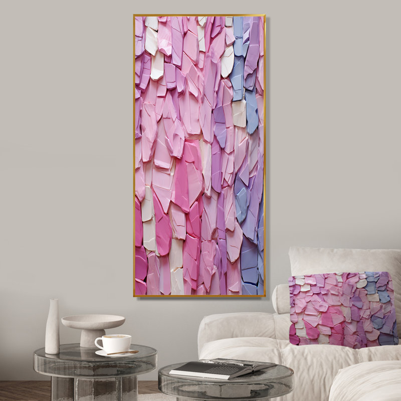Rose et mauve, peinture dynamique - art mural géométrique, Cadre flottant doré, H 60 po x l 28 po x P 1,5 po