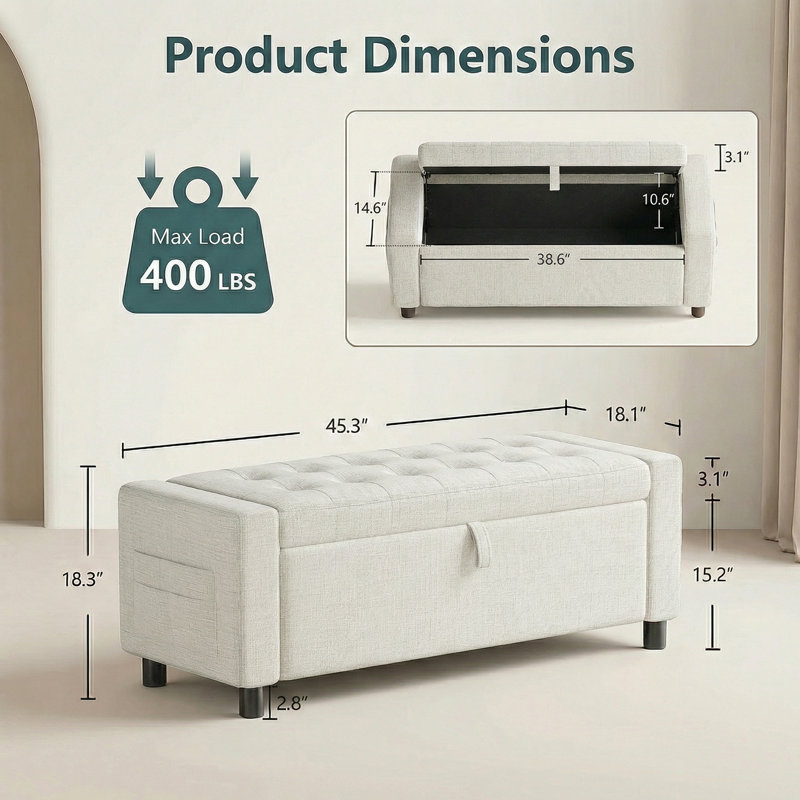Banc de rangement avec repose-pieds 45,3 po, banc de bout rembourré plus épais de 3,14 po avec compartiment caché de 30 gallons et poche latérale, pour chambre à coucher, salon, entrée, beige