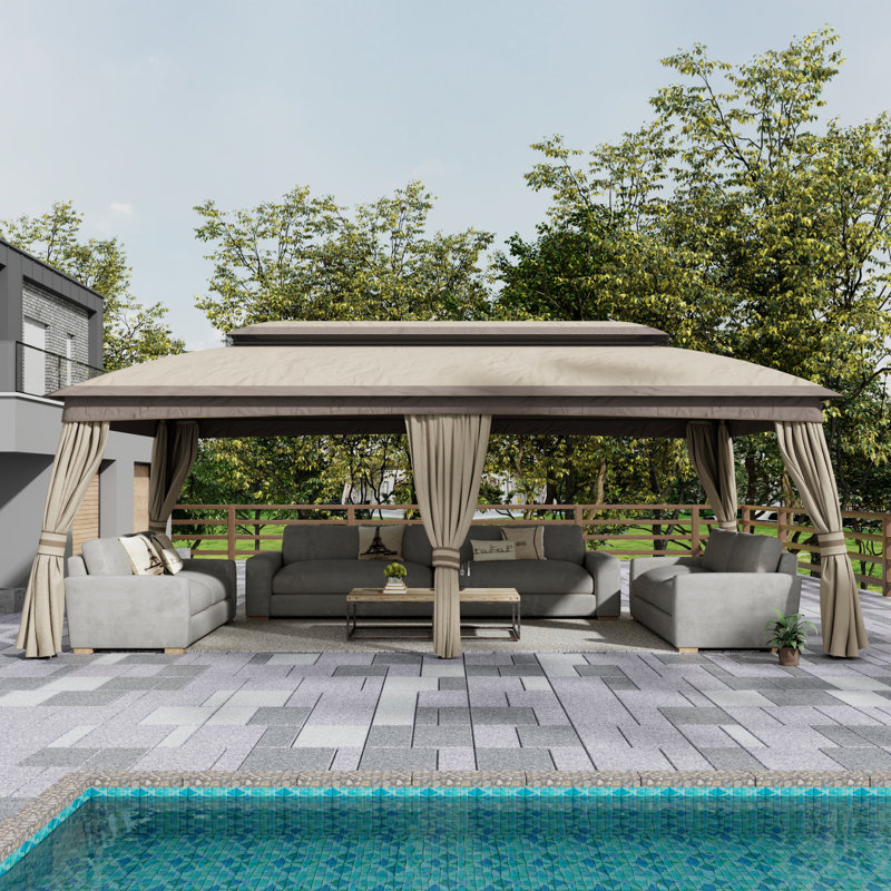 Pavillon de jardin extérieur 10 x 20 pi, pavillon de jardin à deux niveaux avec toit en polyester, structure en fer robuste, imperméable et résistant aux rayons UV, rideaux d'intimité et moustiquaires