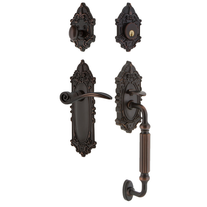 Nostalgic Warehouse Victorian Plate F Grip Handleset with Single Cylinder Deadbolt and Swan Lever, 2 3/8", Timeless Bronze