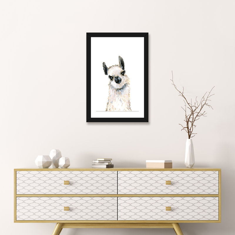 «Llama» par Mercedes Lopez Charro - reproduction d'art, Blanc, Papier encadré noir, H 24 po x l 16 po x P 1 po