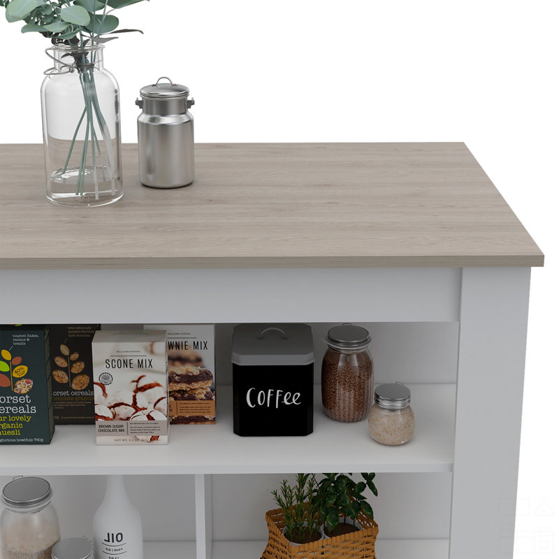 3-Shelf Kitchen Island, White/Gray Oak