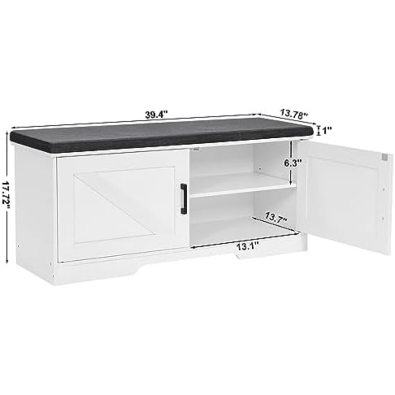 Banc de rangement à 2 niveaux, banc à chaussures de 39,4 po de largeur avec coussin de siège rembourré, banc d'entrée avec 2 portes de grange et tablette réglable, blanc