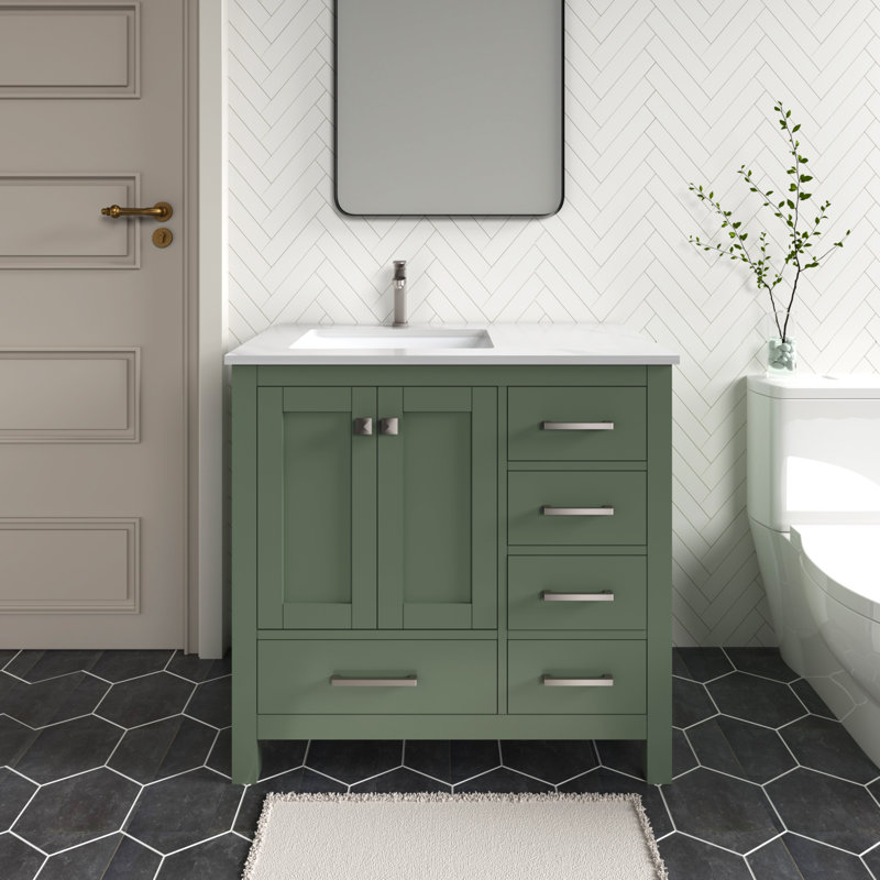 Anvay 36 in. Single Sink Freestanding Bath Vanity in Forest Green with Carrara Quartz Top, Quartz - White Carrara