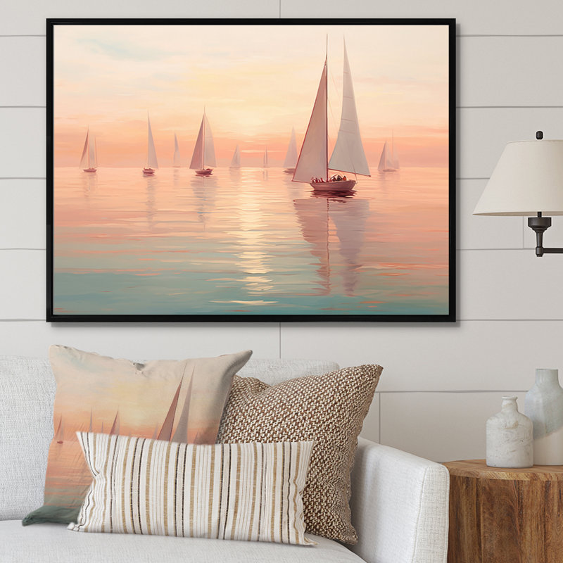 Oliveras " Sailboat Harmonious Tides III ", 16" H x 32" W x 1" D, Black Floater Framed
