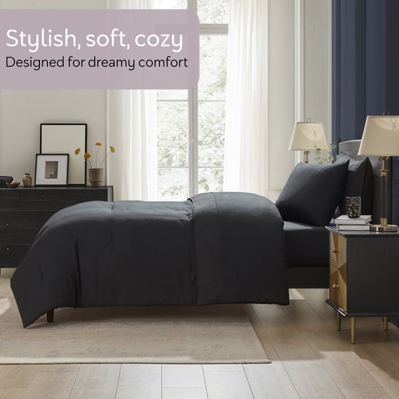 Soft Microfiber 5 Piece Comforter Set with Sheets, Black, Twin Extra Long Comforter + 4 Additional Pieces