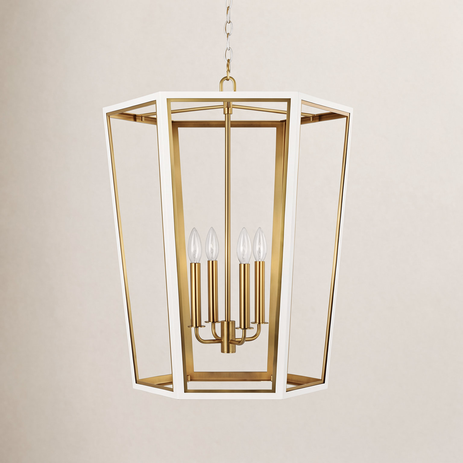 4 - Light Dimmable Lantern Chandelier, Matte White/Burnished Brass