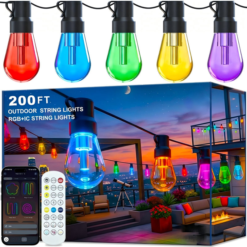 Outdoor String Lights 200 FT Smart RGB IC Patio Lights with Shatterproof LED Bulbs