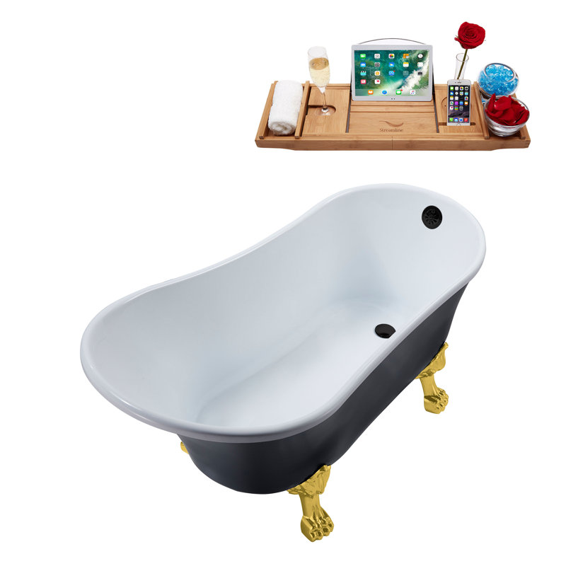 55" Streamline Clawfoot Soaking Acrylic Bathtub With Drain, Clawfeet, and Bamboo Tray, Polished Gold, Matte Pink