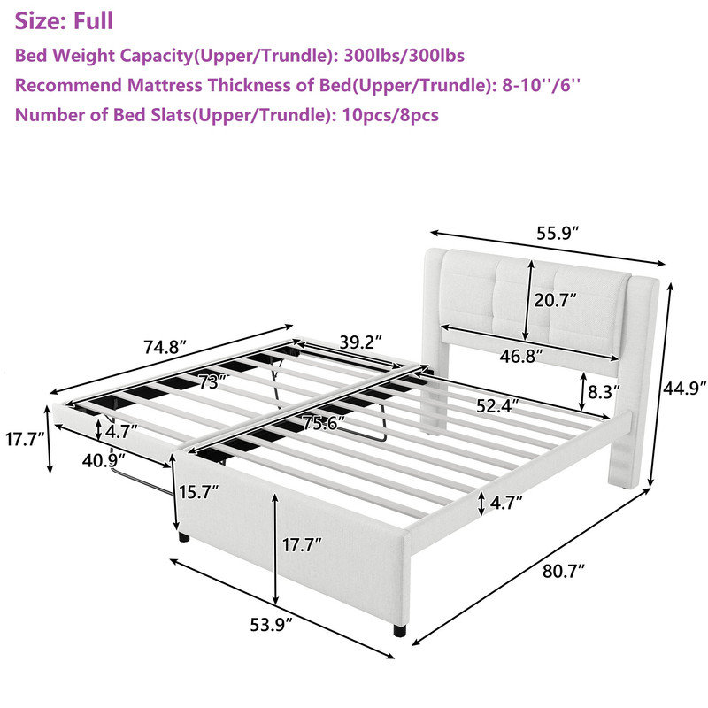 Full Size Platform Bed with Pop-up Trundle, Gray