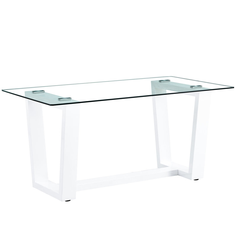 Élégante table en verre trempé avec base blanche robuste, pouvant accueillir de 6 à 8 personnes et une table de salle à manger