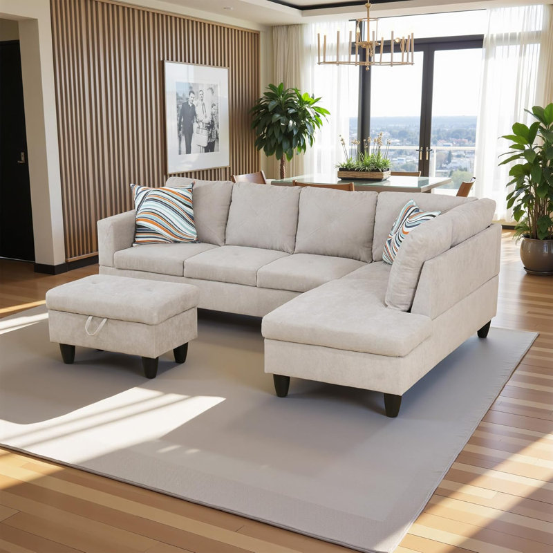 3-Piece Flannelette  Modular Sectional Sofa, Off White, Right Hand Facing