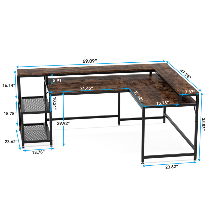 Bureau en L de 69 po avec tablette de rangement