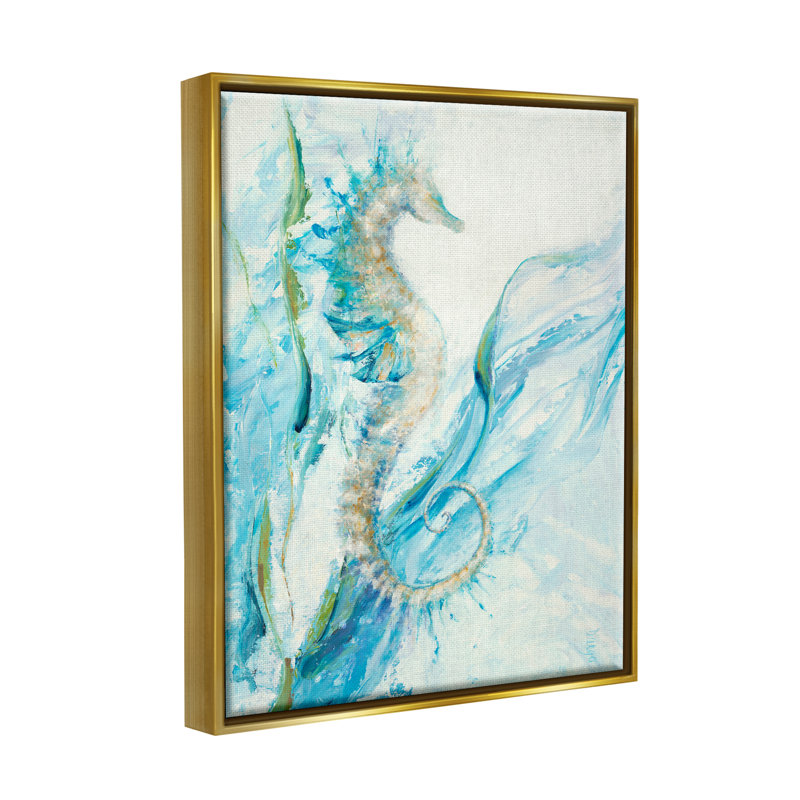 Art nautique sur toile bleu océan, H 21 po x l 17 po x P 1,7 po, Cadre flottant métallique doré